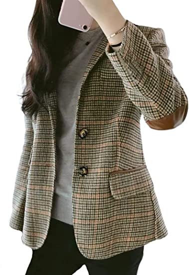 Womens Vintage Lapel Single Breasted Boyfriend Blazer Suits Plaid Jacket