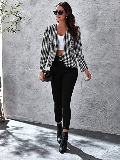 Women Elegant Open Front Houndstooth Blazer Work Office Jacket Outwear
