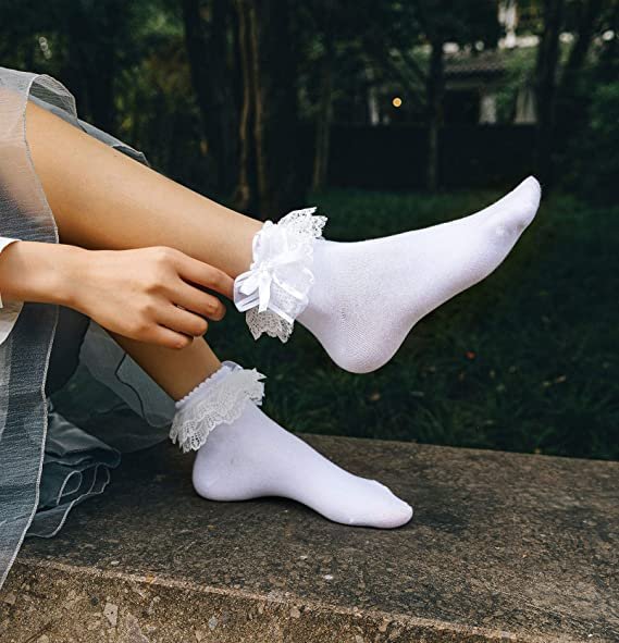 Women Ankle Socks,Lace Ruffle Frilly Comfortable Princess Socks Lace Socks (3 Pairs)