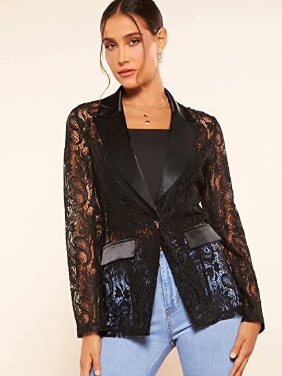 Women's Floral Lace Mesh One Button Lapel Neck Long Sleeve