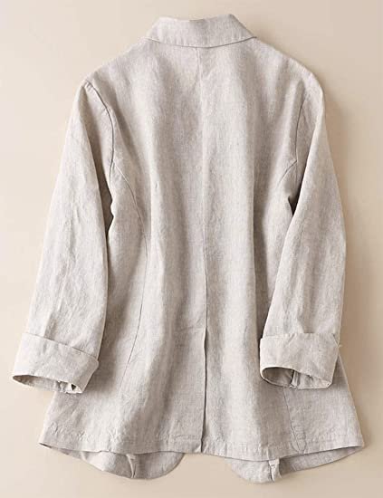Womens Cotton Linen Blazer Notch Lapel One Button Suit Coat Jackets